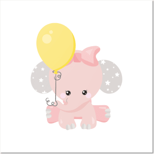 Elephant With Balloon, Cute Elephant, Crown, Stars Posters and Art